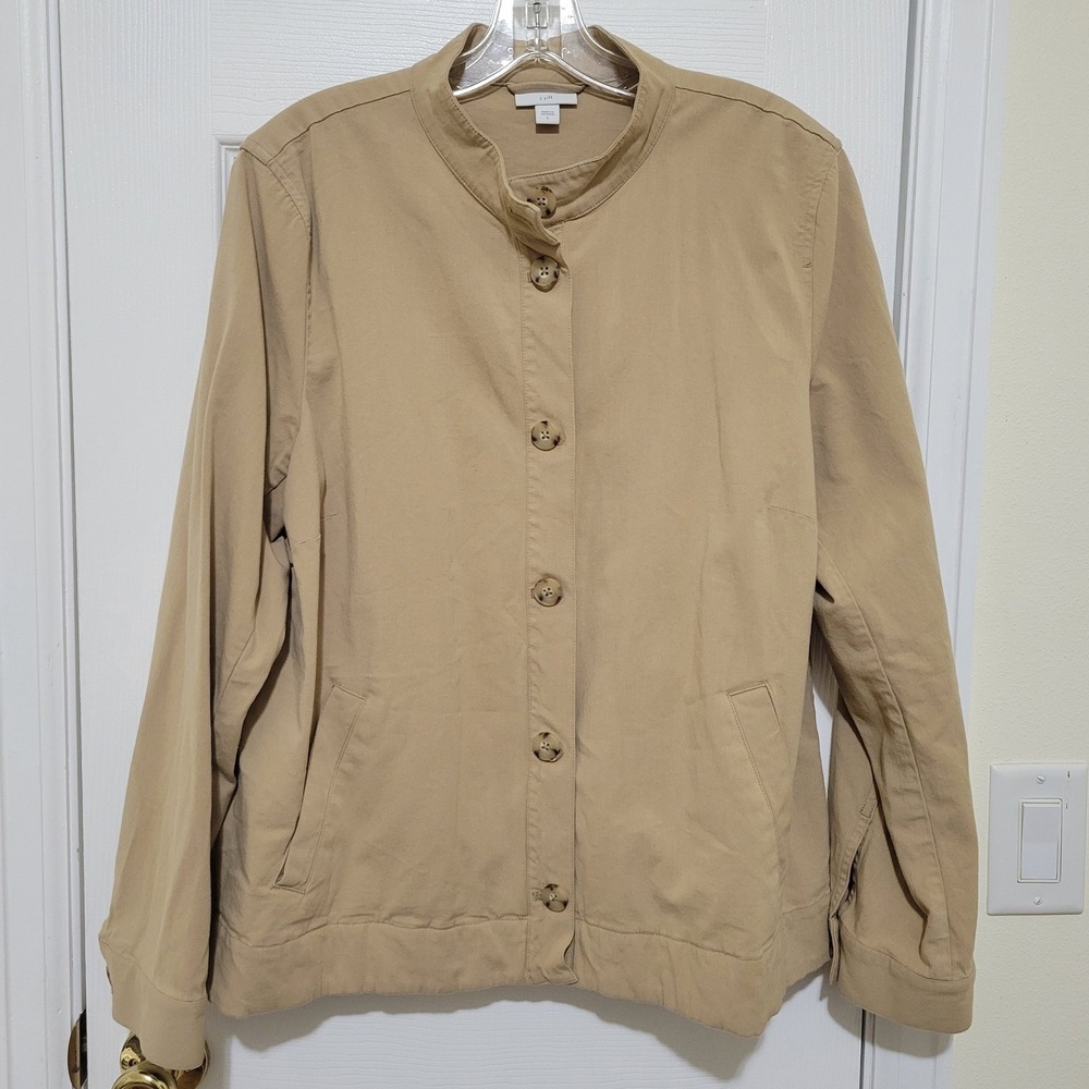 J. Jill Womens Khaki Tan Mock‎ Neck Button Front Pleated Back Jacket Size L